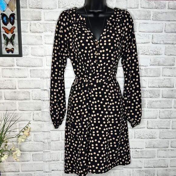 mudpie Tan & Black Samantha Dress Shirt Dress Size Medium Polka Dot - Picture 1 of 9